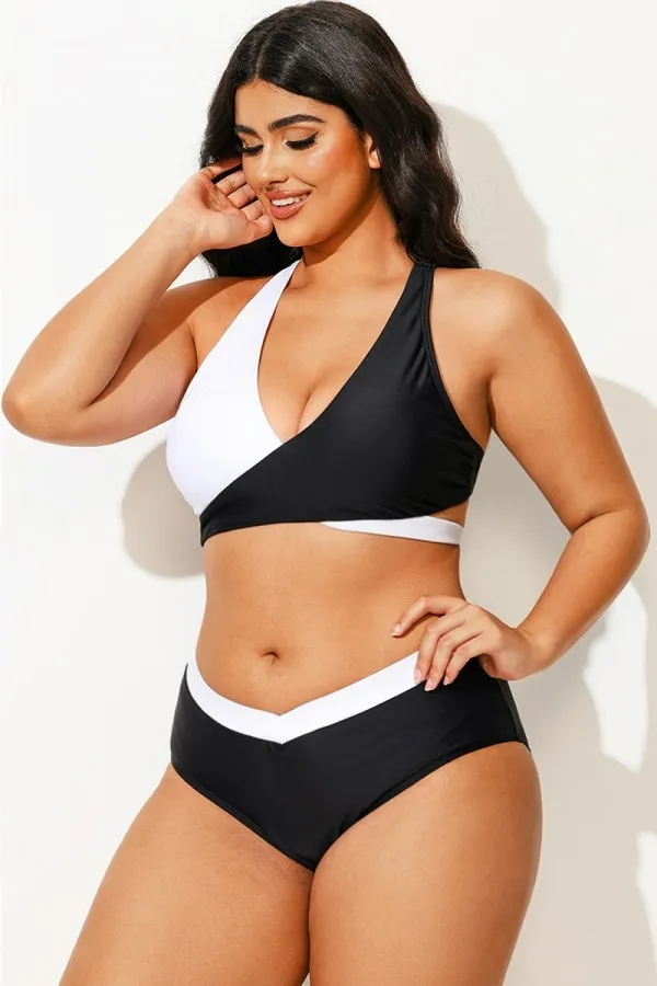 Plus Size Black And White Adjustable Tie-Back Bikini Top
