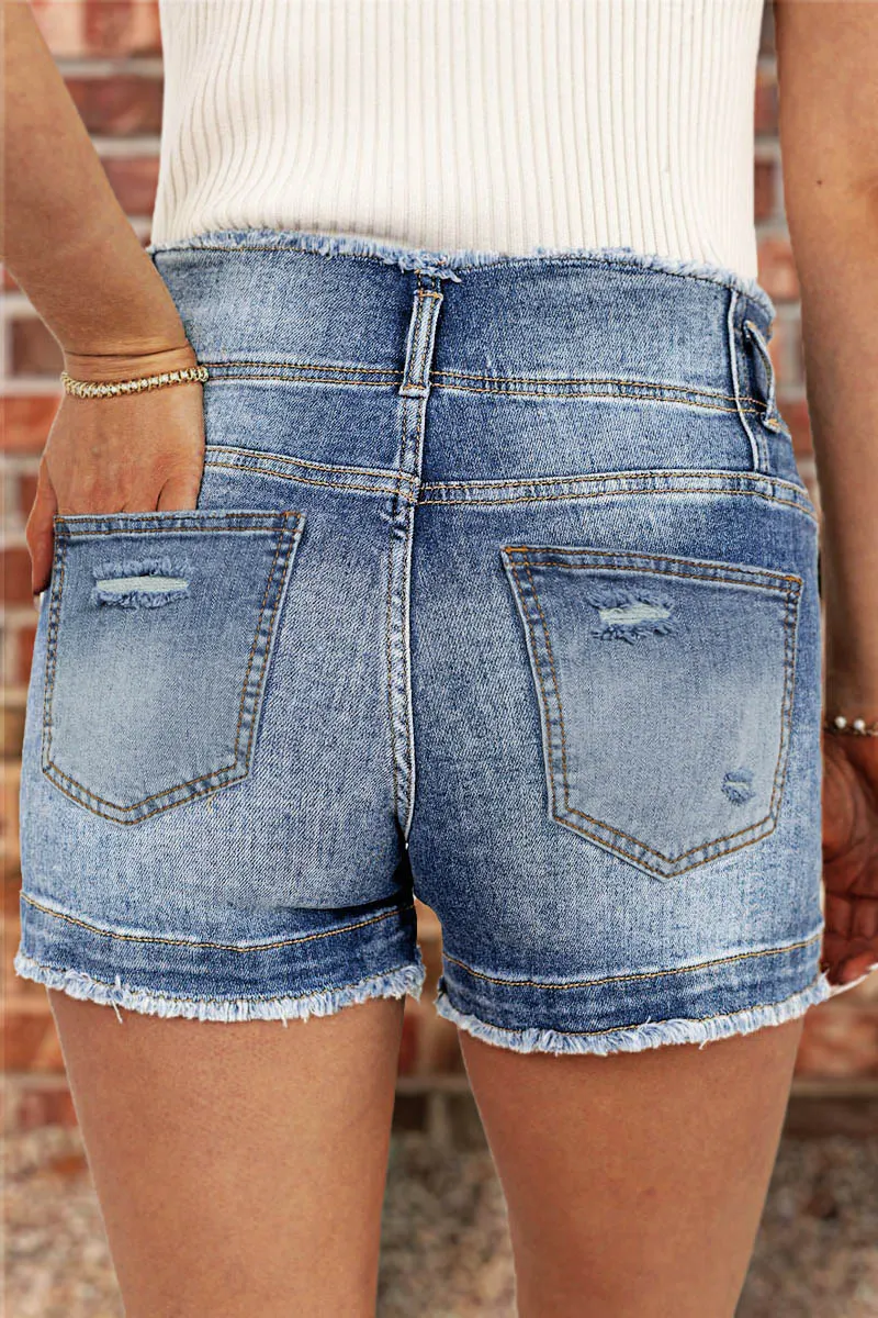 Raw Trim Ripped Dual Button High Waist Denim Shorts