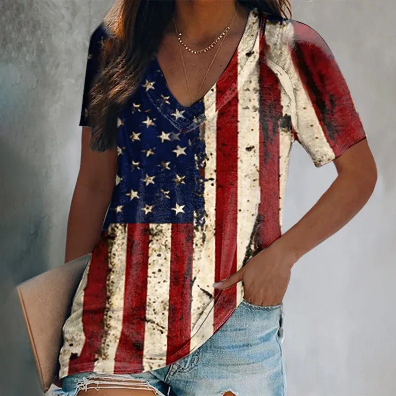 Vintage flag casual loose graphic tees designer