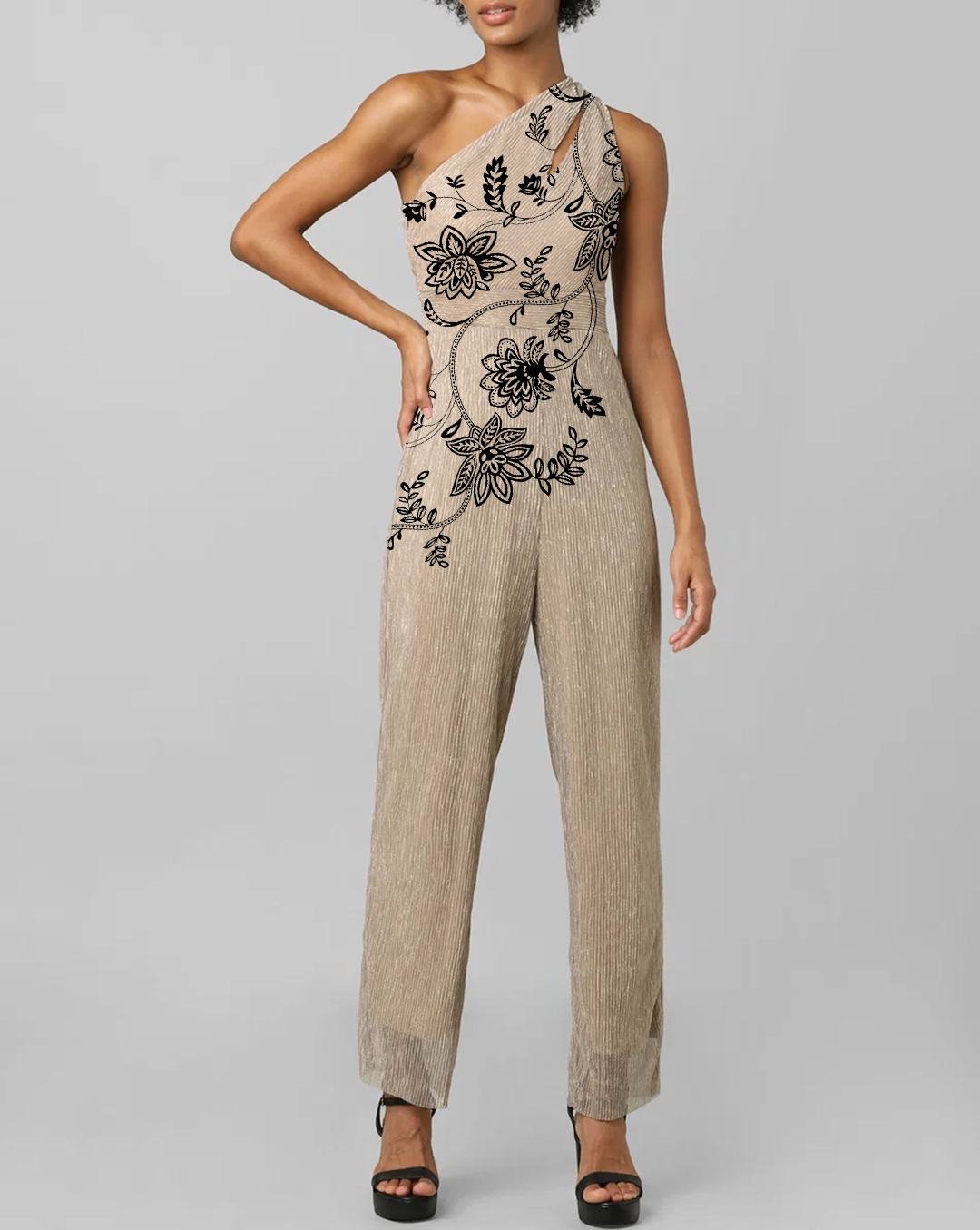Beige One Shoulder Abstract Print Jumpsuit