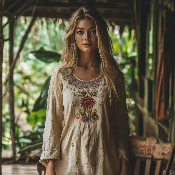 Vintage Tribal Floral Embroidery Art Linen Casual Shirt