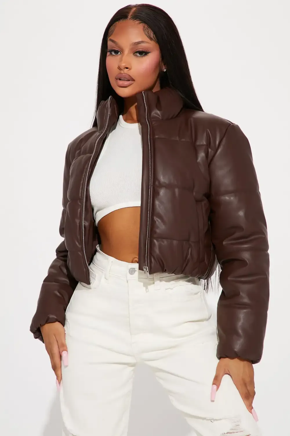 Vixen Faux Leather Puffer Jacket - Brown