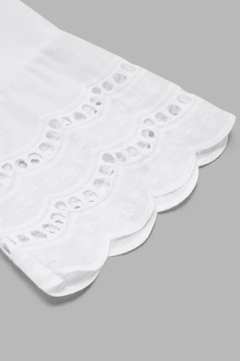 Solid Eyelet Embroidery Scallop Trim Bell Sleeve Shirt