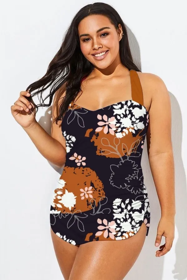 Caramel Brown  H-Back Sarong Front One Piece Swimsuit