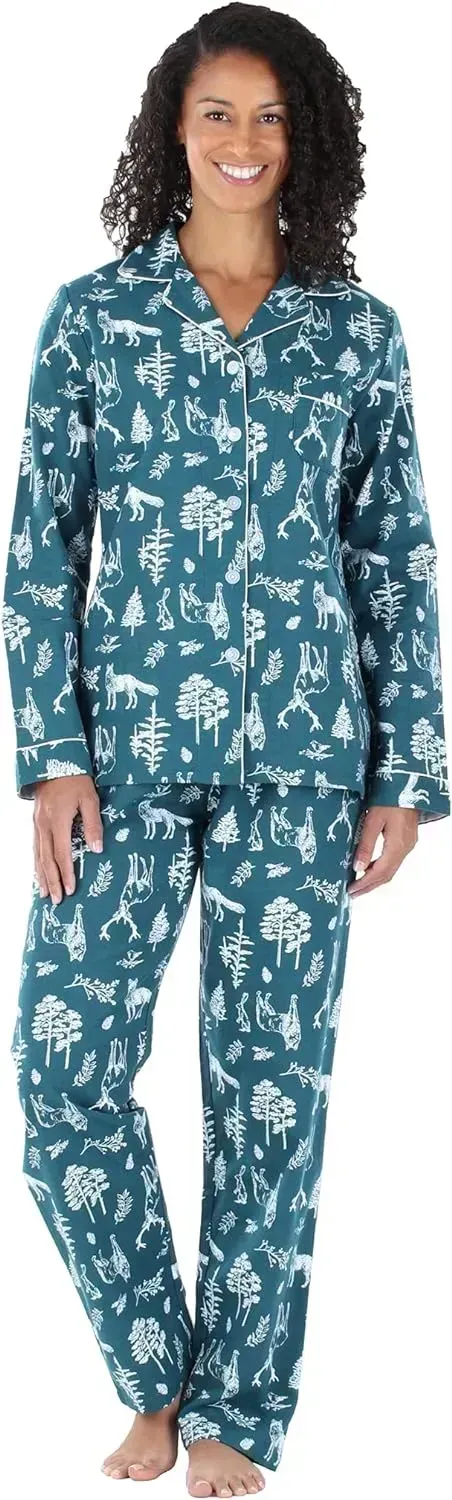 Women's Cotton Flannel Long Sleeve Button-Down Pajamas PJ Set