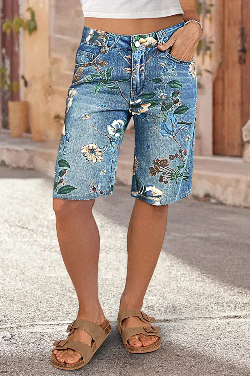 Floral Print High Rise Straight Leg Denim Bermuda Shorts
