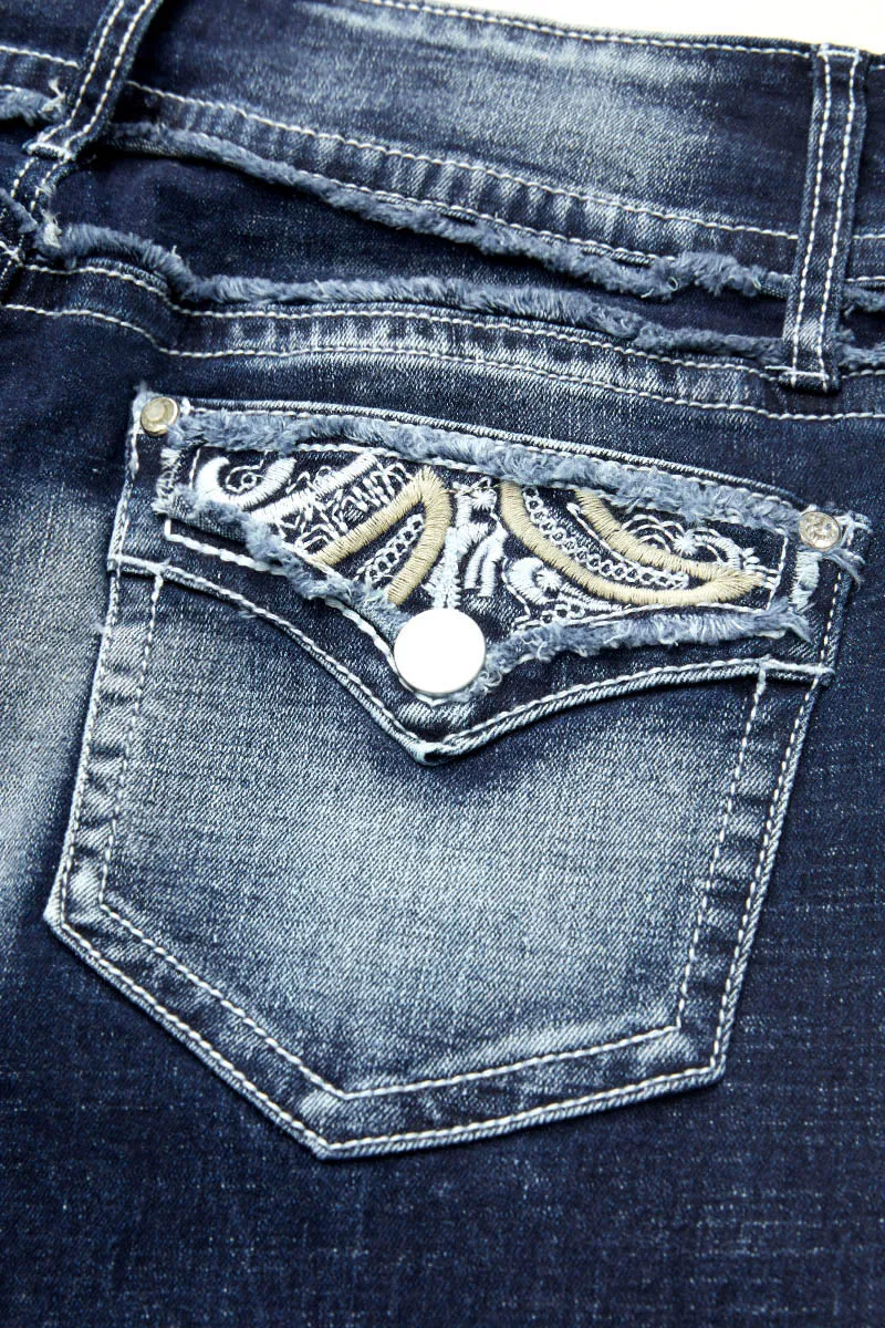Washed Embroidery Pocket Button Up Mid Rise Skinny Jeans