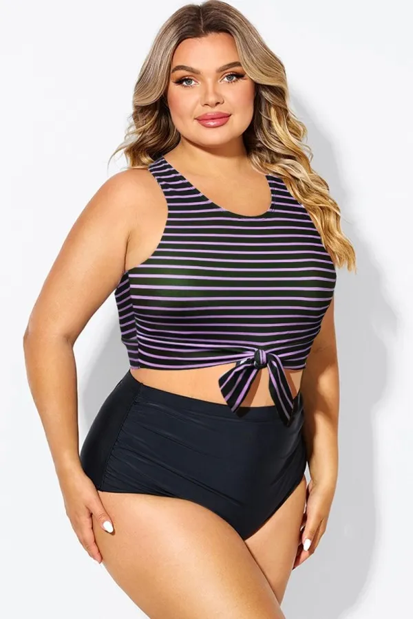 Black Grey Check Knotted Crop Bikini Top