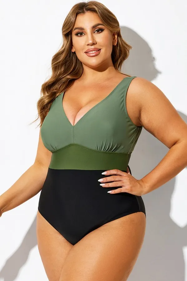 Green Colorblock V-Neck One Piece Swimsuit