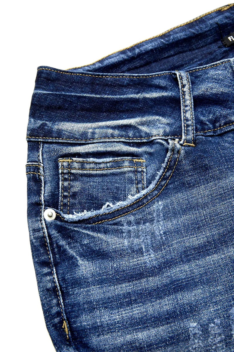 Ripped Double Button Mid Waist Skinny Jeans