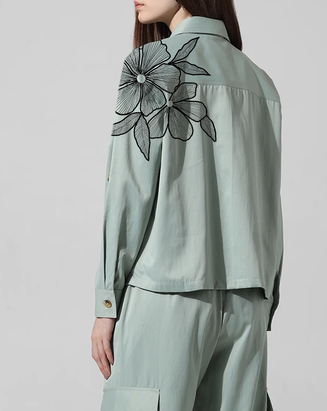 Light Green Floral Embroidered Utility Style Shirt