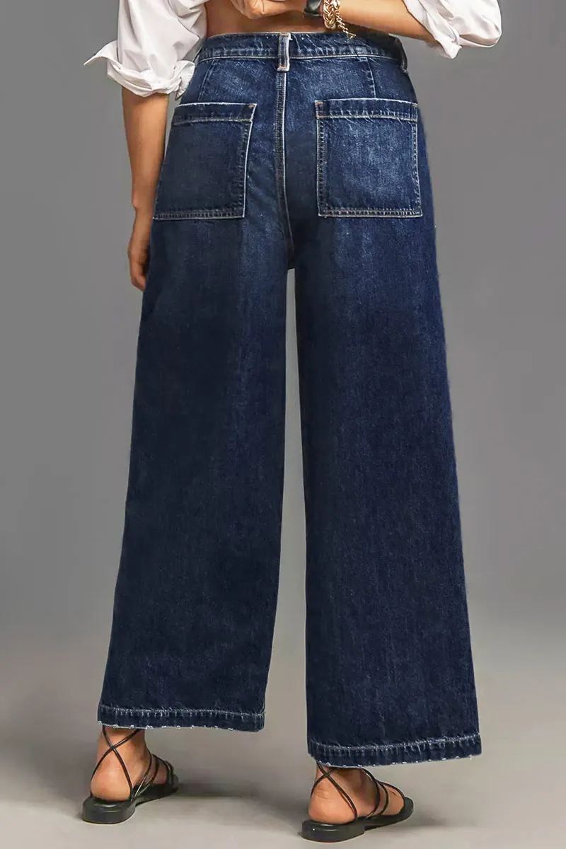 Wash Stitch Detail Raw Hem Wide Leg Mid Rise Jeans