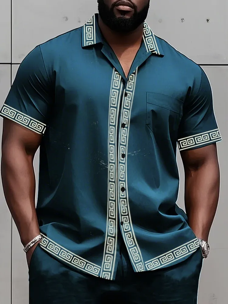 Big Man'S Retro Daily Casual Edge Color Block Printing Short Sleeve Shirt Shorts Suit