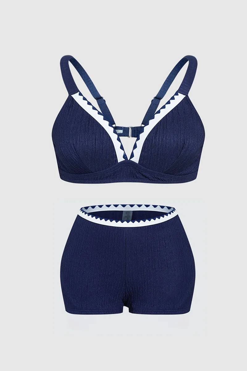 Contrast Binding Textured Bikini Set