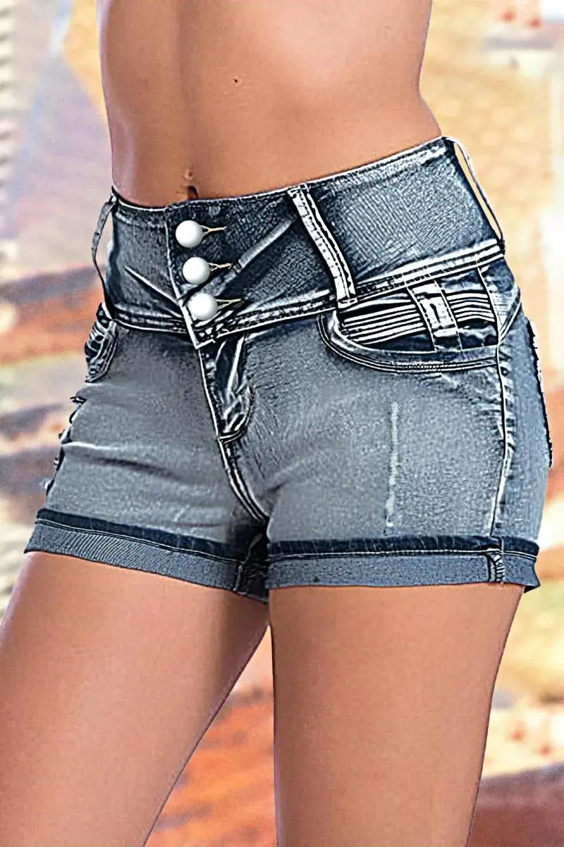 Ripped Roll Hem Button Up High Rise Denim Shorts