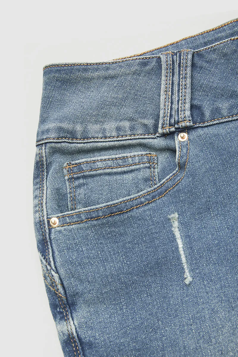 Button Up Roll Hem Mid Rise Capri Jeans