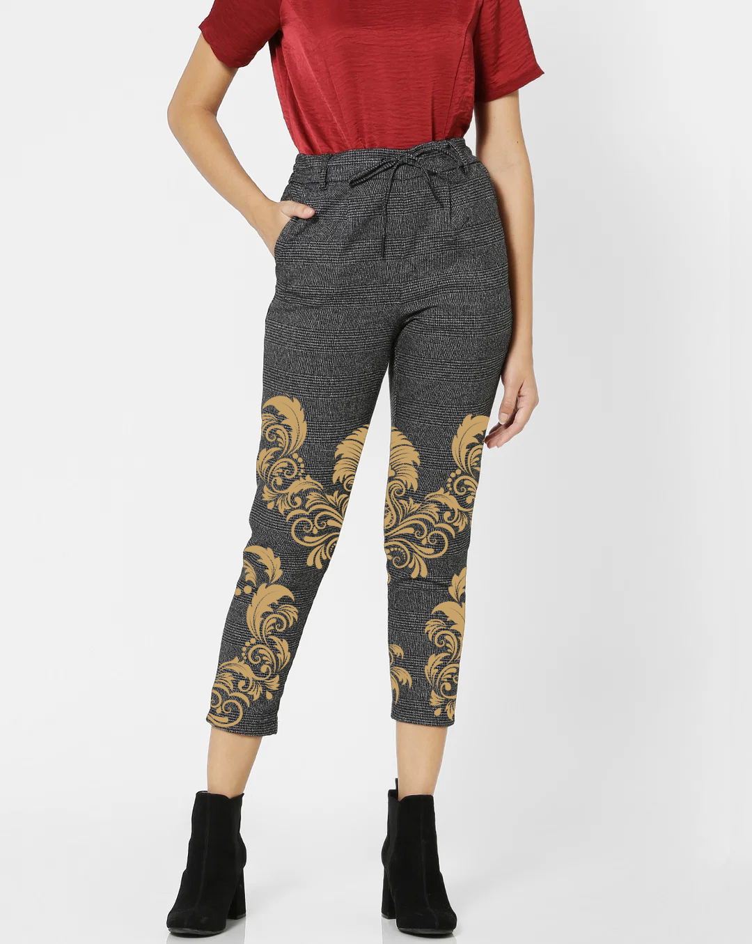Grey Mid Rise Elastic Waist Brocade Pants