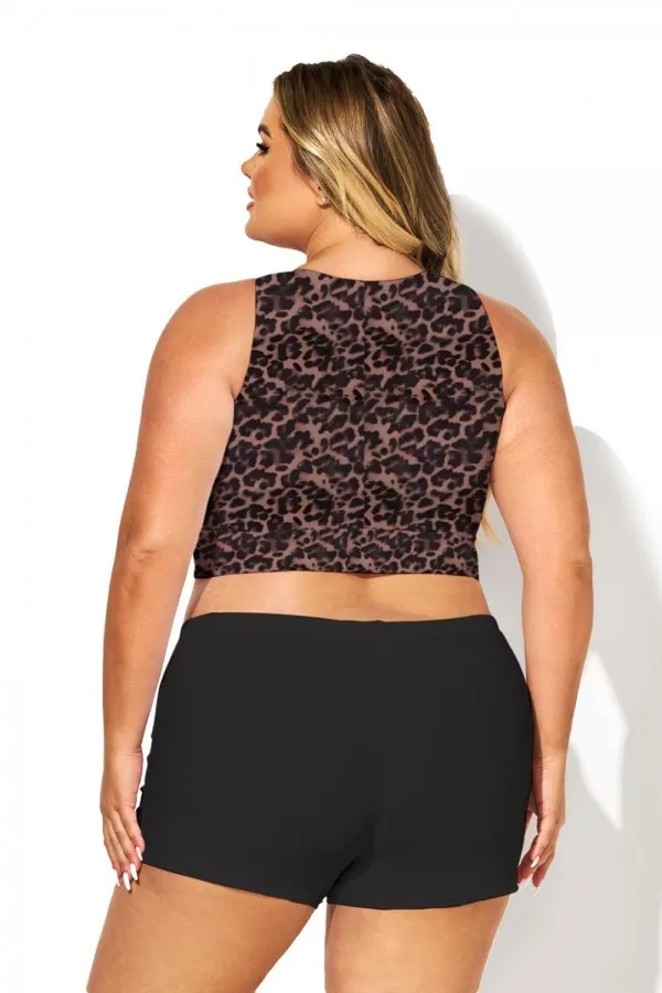 Dark Leopard Print Knotted Crop Bikini Top