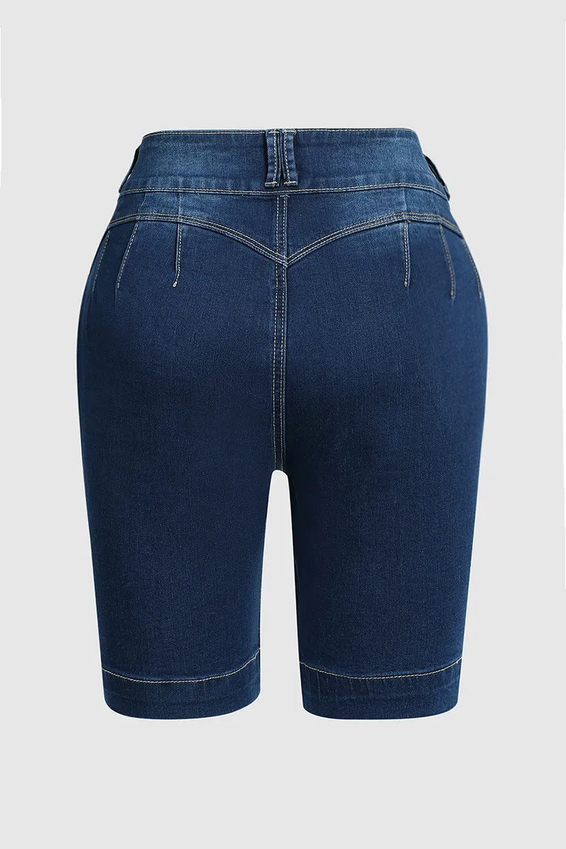 Double Button High Rise Skinny Denim Shorts