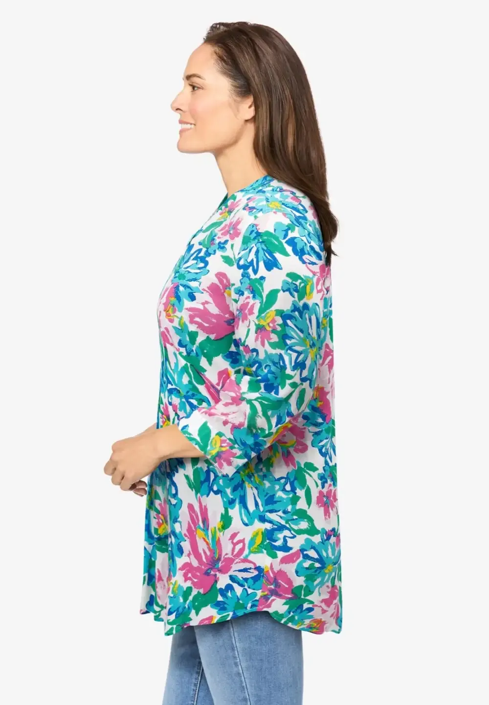 Rayon 7-Day Three-Quarter Sleeve Tab-Front Tunic