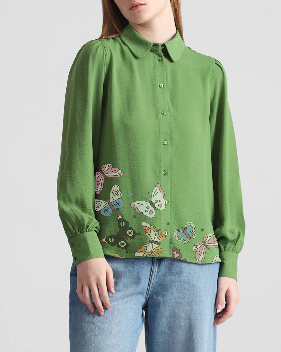 Green Puff Sleeve Textured Shirt with Butterfly Embroidery