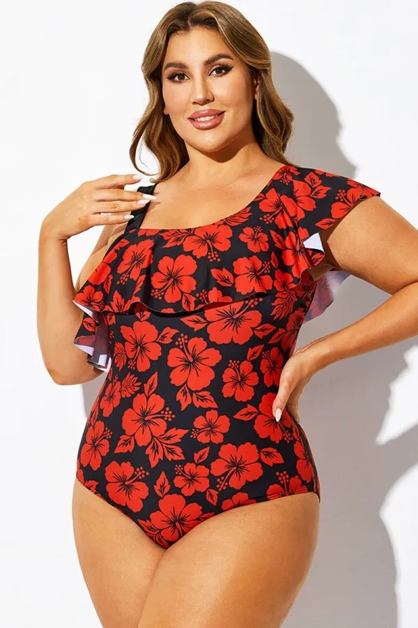 Red Floral Print Flounce Panel One Piece Swimsuit