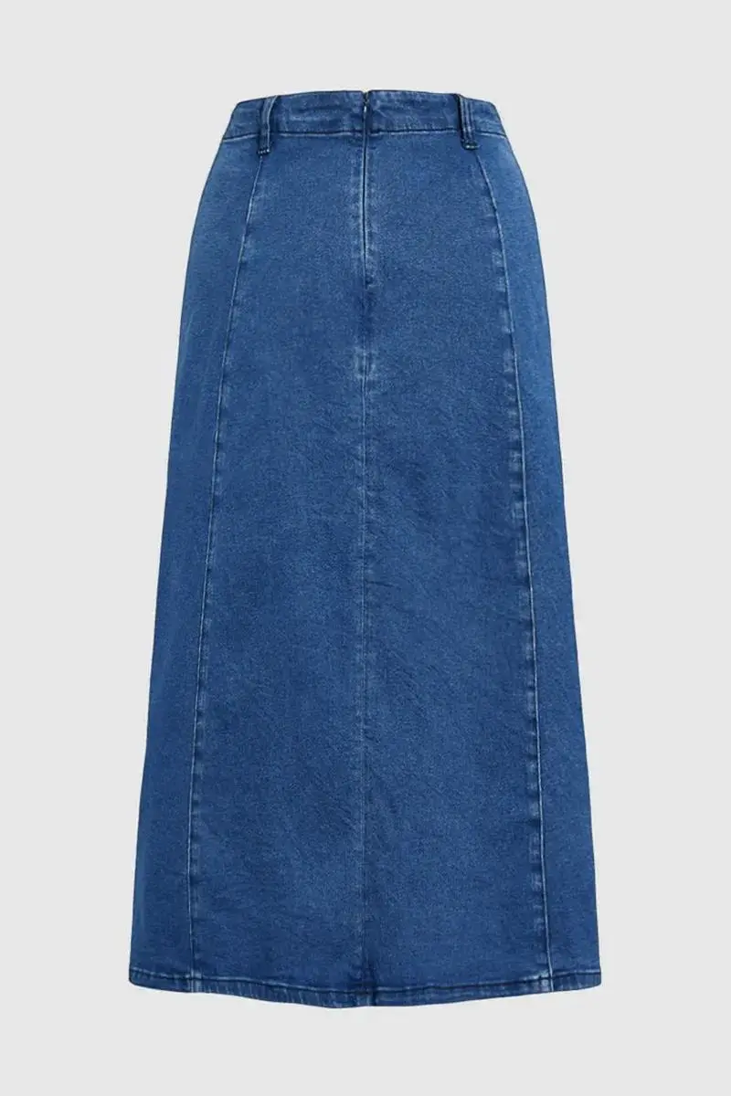 Wash Stitch Detail High Rise Long Denim Skirt Without Belt