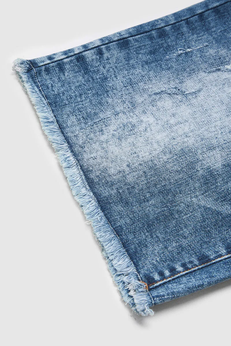 Button Fly Raw Hem Mid Waist Denim Mid Thigh Shorts