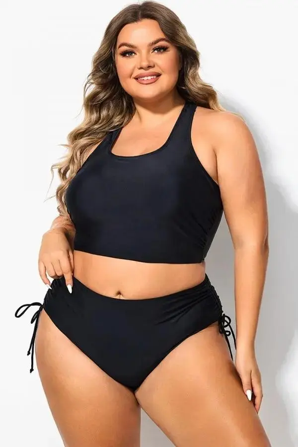 Black Scoop Neck Racerback Shirred Bikini Top