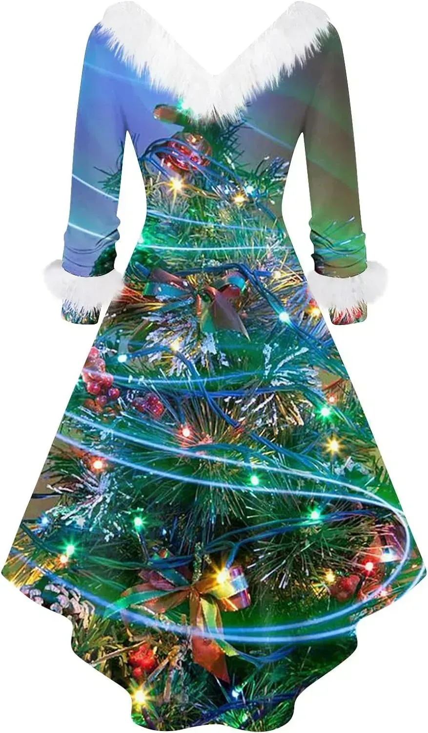 Womens Christmas Dress Fuzzy Mrs Claus Christmas Holiday Xmas Cocktail Holiday Party Flare Dress