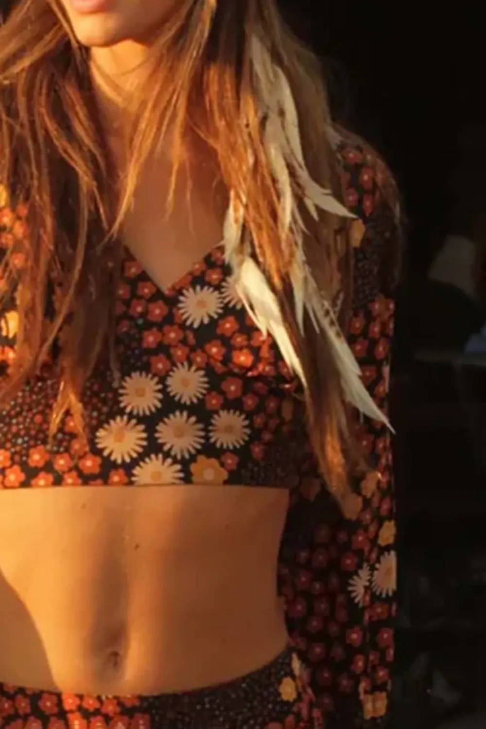 Brown And Orange Floral Print Crop Top And Skirt Set
