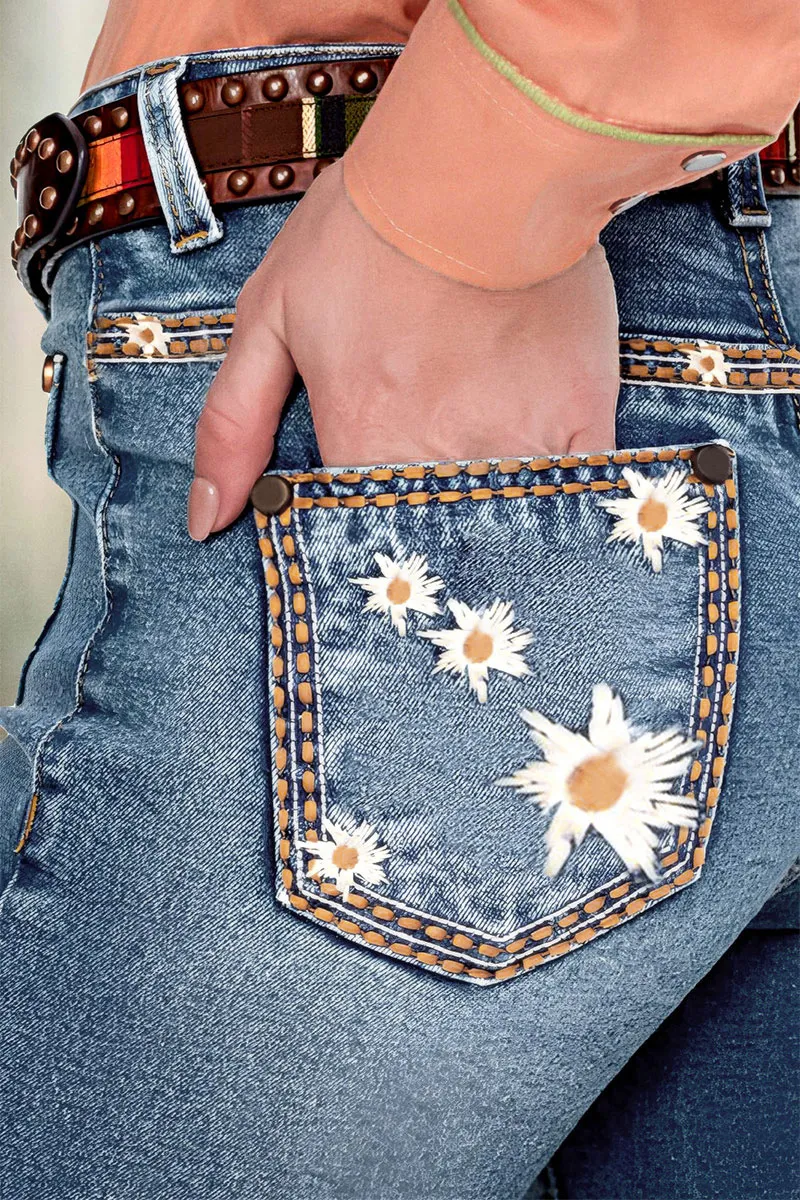 Floral Embroidered Button Fly Mid Rise Capri Jeans