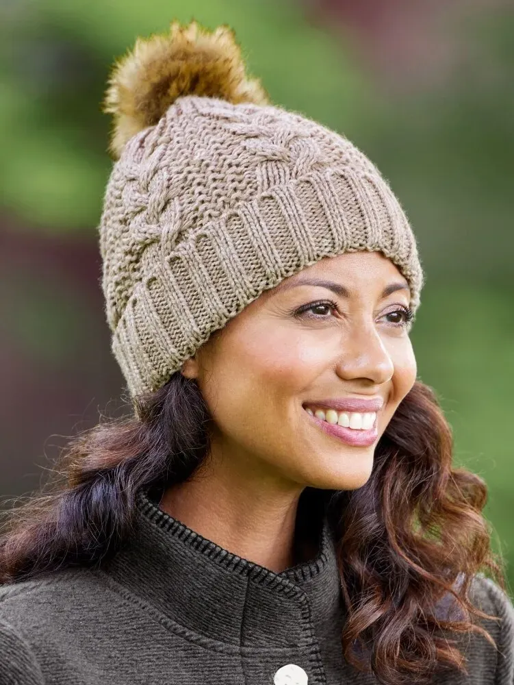 Faux Fur Pom-Pom Cable Knit Hat