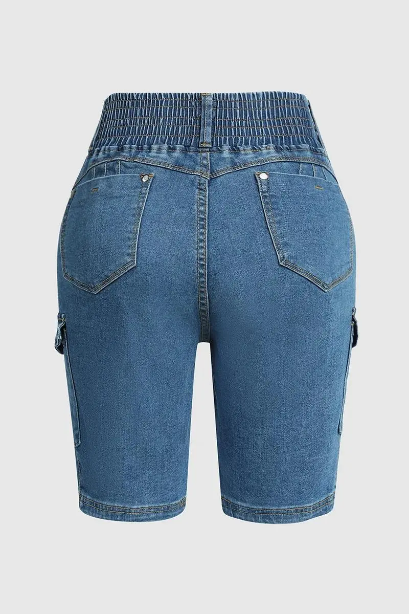 Ripped Flap Pocket Elastic High Waist Denim Bermuda Shorts