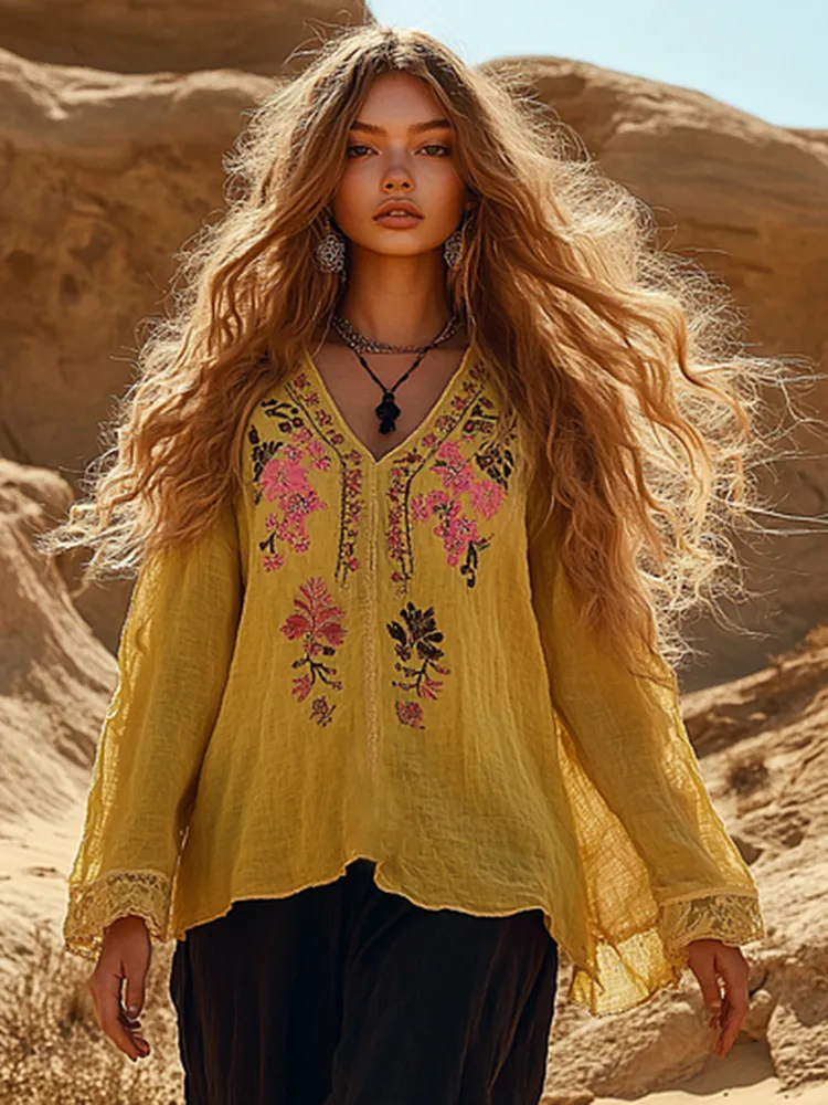 Vintage Holiday Bohemian Style Linen V Neck Long Sleeve Shirt
