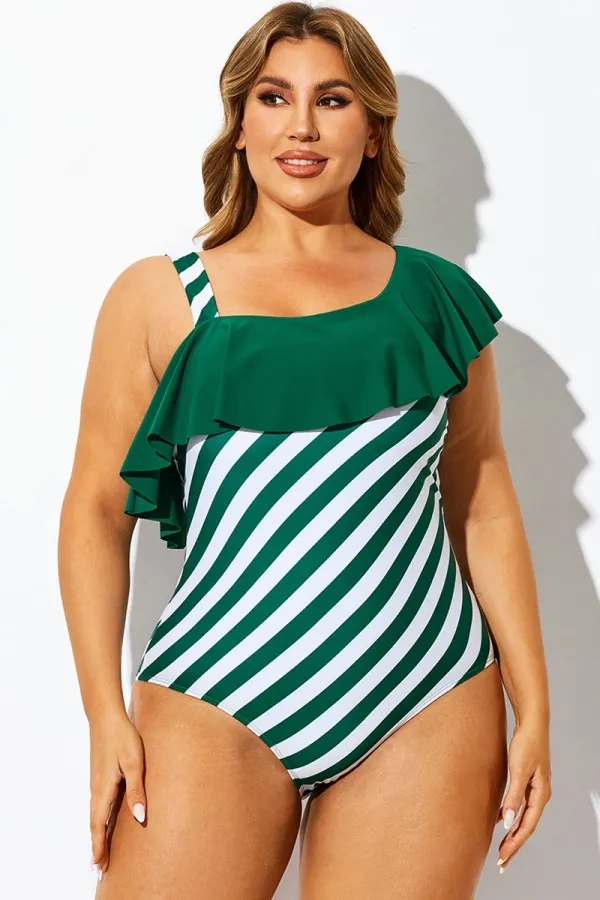 Green Striped Flounce Panel One Piece Swimsuit
