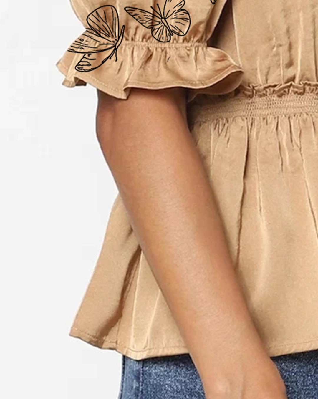 Tan Butterfly Embroidered Puff Sleeve Top