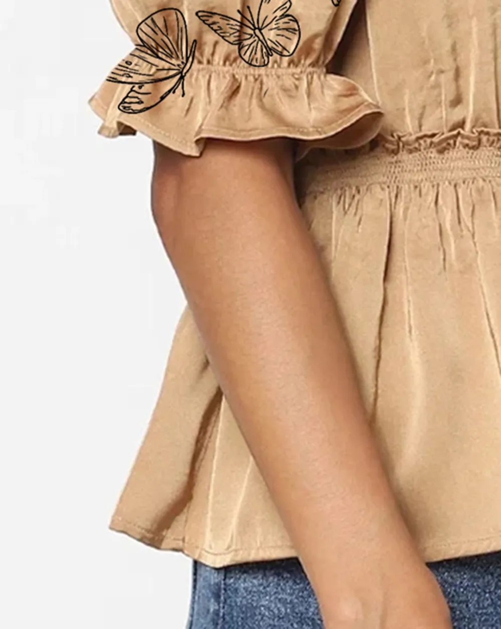 Tan Butterfly Embroidered Puff Sleeve Top