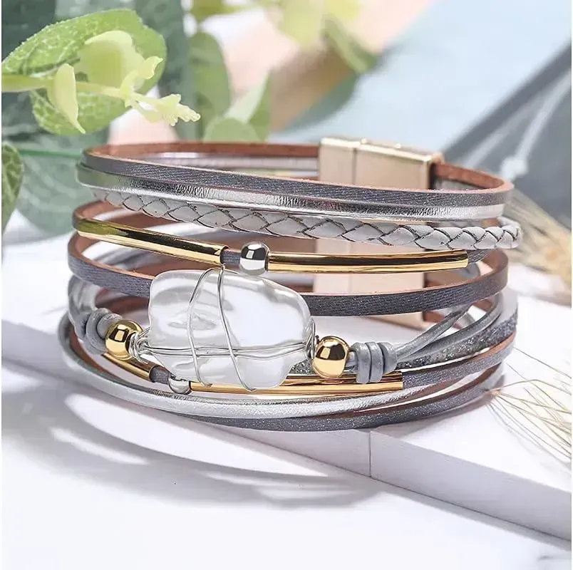 Fesciory Leather Wrap Bracelets for Women, Boho Leopard Multi-Layer Crystal Beads Cuff Bracelet Jewelry
