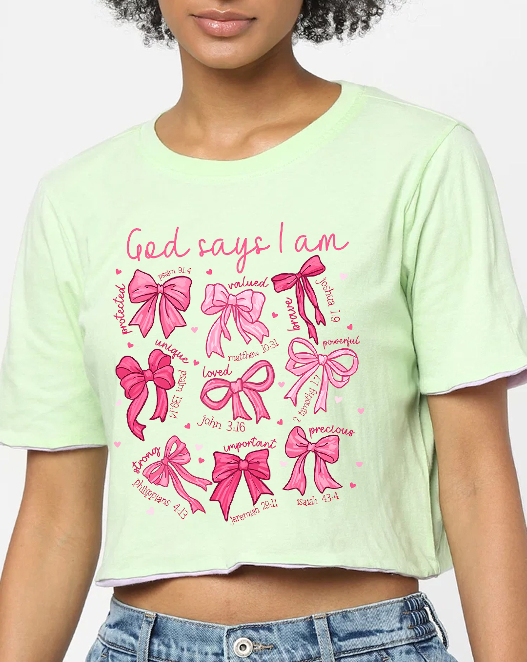 Light Green Reversible Bow Print Cropped T-shirt