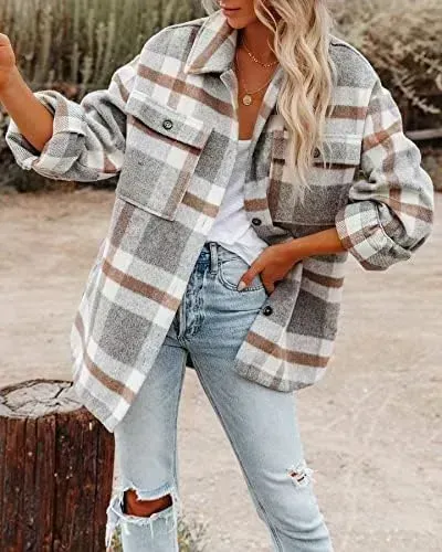 Womens Casual Plaid Shackets Brushed Flannel Button Down Shirt Jacket Coats with Side Pockets