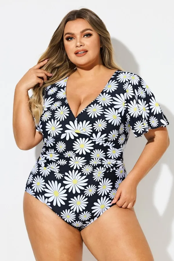 Daisy Print V-Neck Ruffle Sleeves One Piece Swimsuit