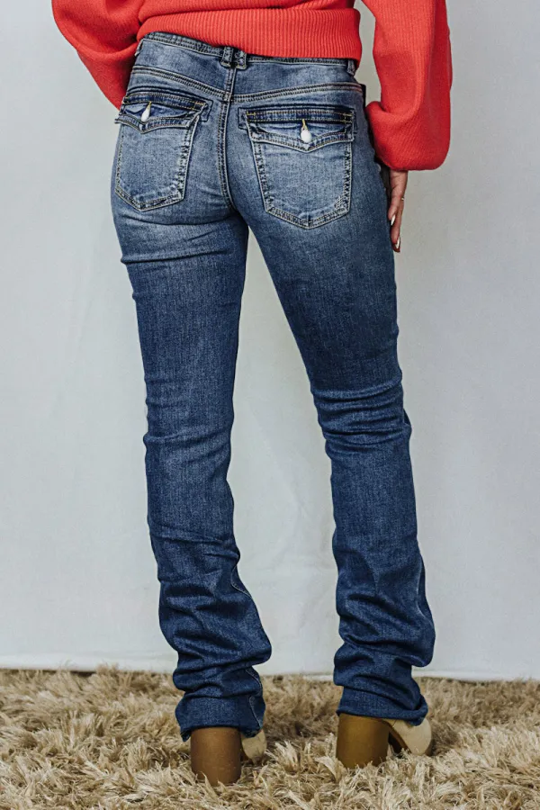 Washed Dual Button Flap Pocket Mid Waist Bootcut Jeans