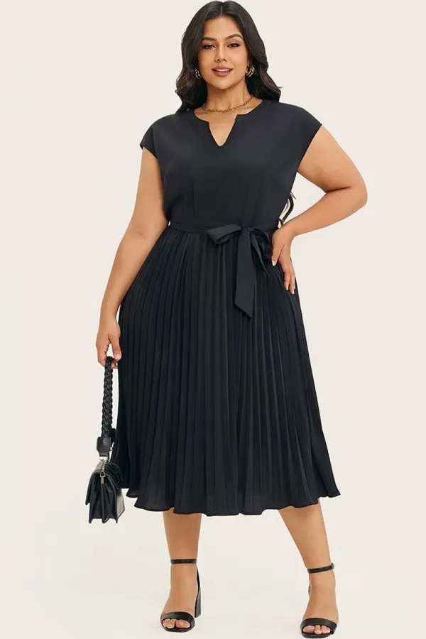 Black V-Neck Cap Sleeve Midi Dress