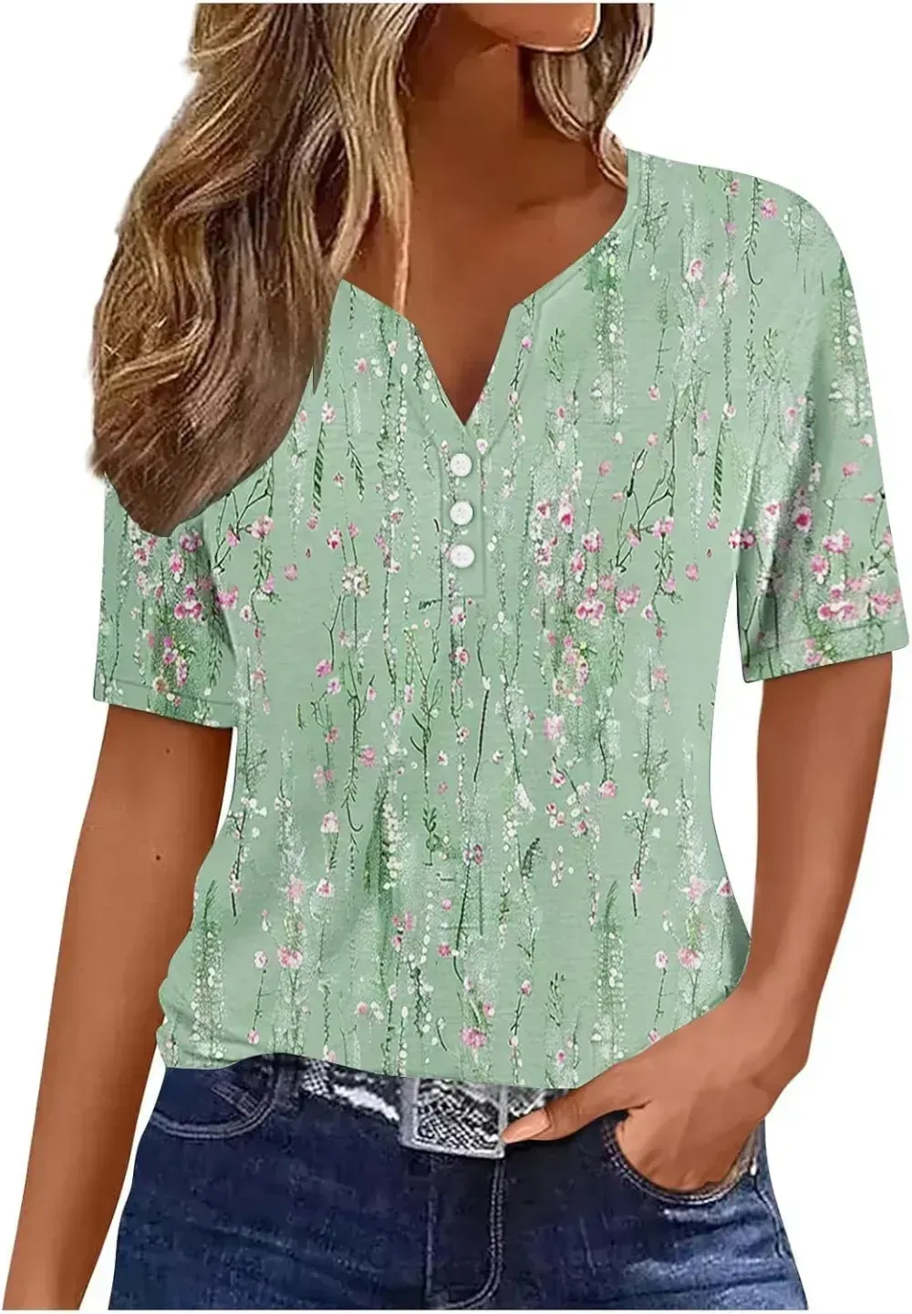 Shirts for Women Casual Printed Summer Tops Short-Sleeved Button V-Neck Tops Blouse Fashion Boho T-Shirts
