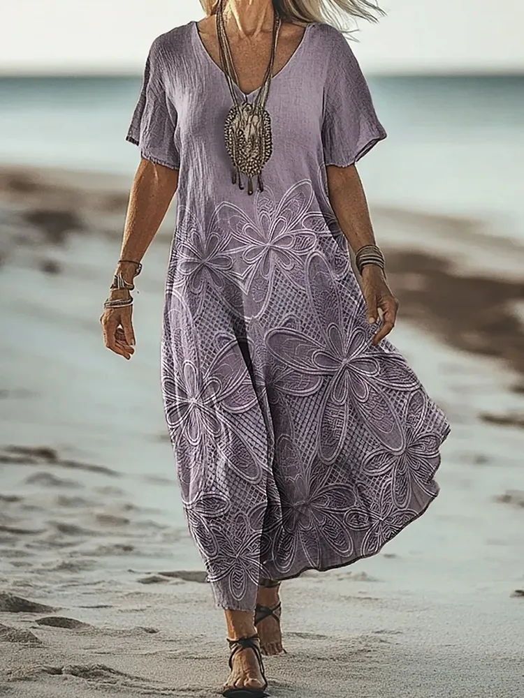 Vintage Floral Print V-neck Short Sleeved Linen Blend Midi Dress