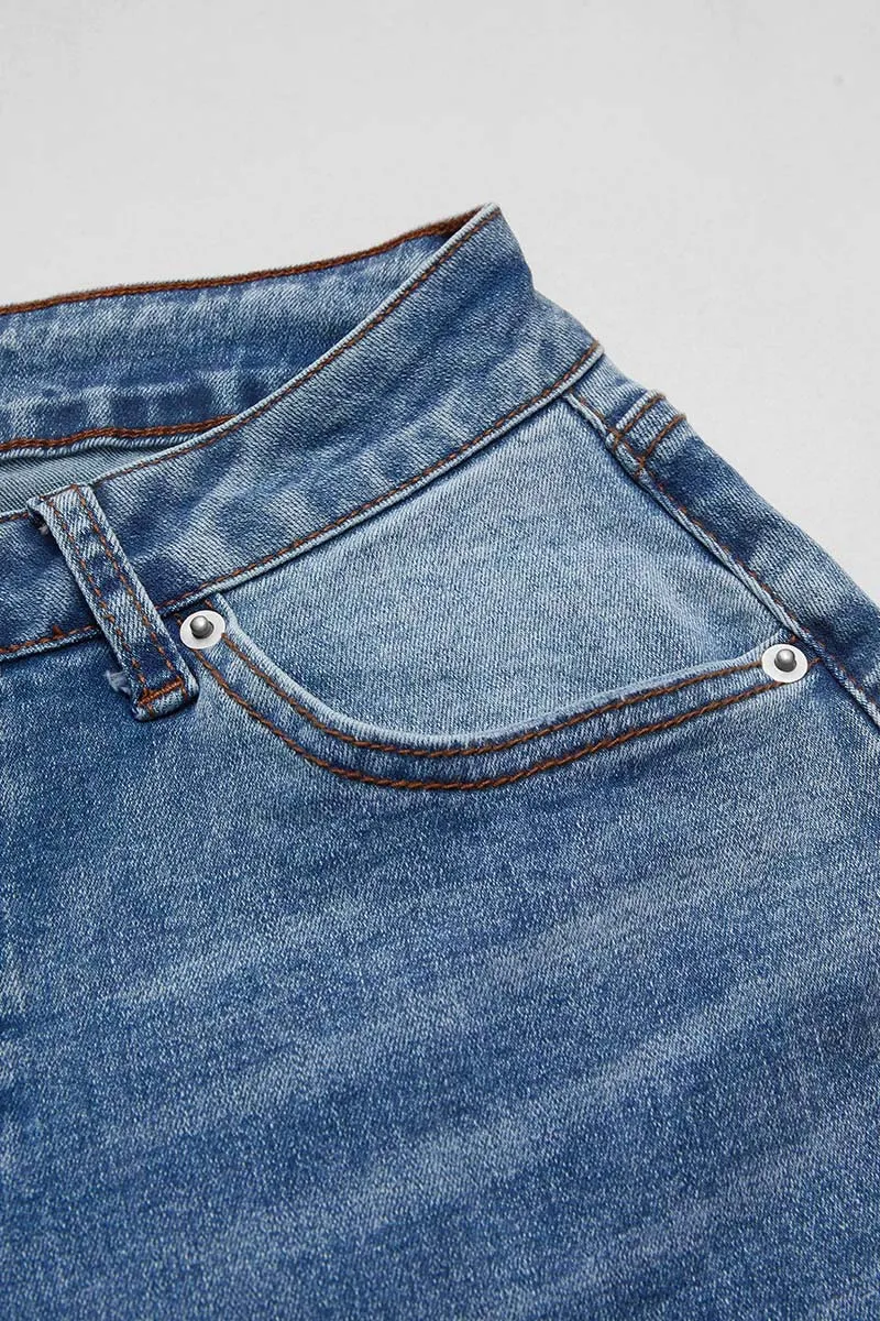 Roll Hem Mid Waist Crop Straight Leg Jeans Without Belt