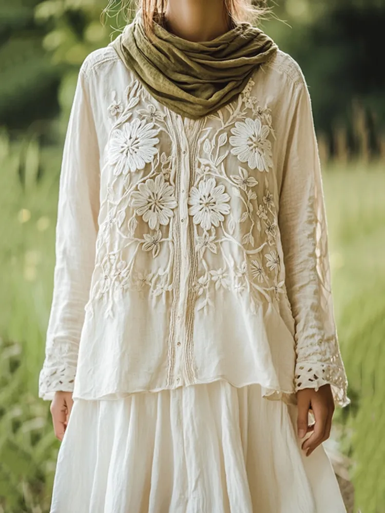 Women's Retro Floral Lace Embroidery Art Long Sleeve Casual Shirt