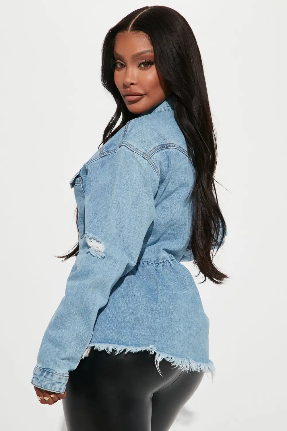 Pretty Peplum Denim Shacket - Light Blue Wash