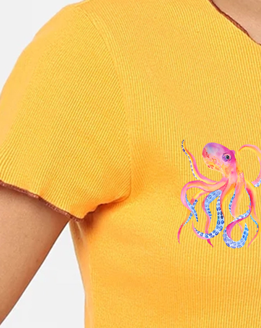 Yellow Octopus Print Short Sleeve Cropped T-shirt